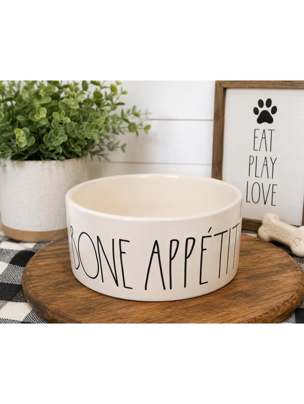 Rae Dunn Black and White Bone Appetit Ceramic Dog Bowl